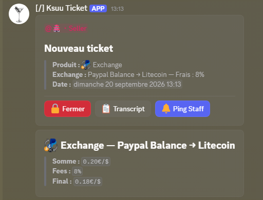 Ticket ouvert avec produit, moyen de paiement et boutons Fermer, Transcript, Ping Staff